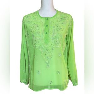 NWT Diva Ji Long Sleeve Embroidered Sequin Blouse. Green. XS